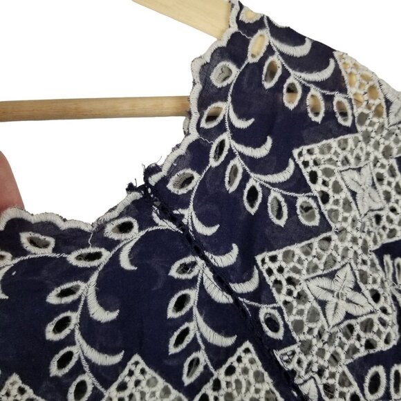 Vanessa Virginia 4 Blue White Eyelet Blouse Wideneck Cap Sleeves Boho Cottage - Picture 10 of 10